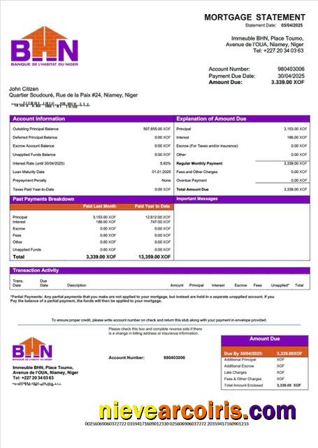 Niger Banque de l'Habitat du Niger (BHN) mortgage statement Word and PDF template
